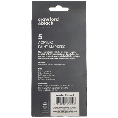 Crawford & Black Black Acrylic Markers with Assorted Nibs: Pack of 5 image number 3