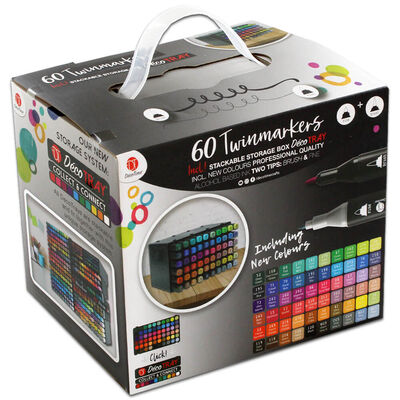 60 TWINMARKERS PROFESSIONAL QUALITY, ALCOHOL BASED INK COLOURS: BRUSH &  FINE TIP