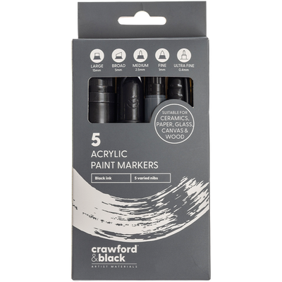 Crawford & Black Black Acrylic Markers with Assorted Nibs: Pack of 5 image number 1