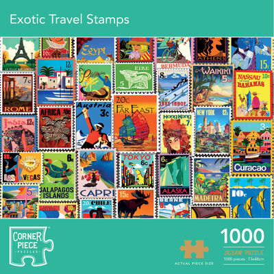 Exotic Travel Stamps 1000 Piece Jigsaw Puzzle image number 1