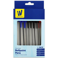 Works Essentials Assorted Coloured Ballpoint Pens: Pack of 10