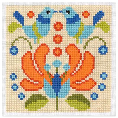 Folk Art Mini Cross Stitch Kit: Blossom & Bird Tile image number 1