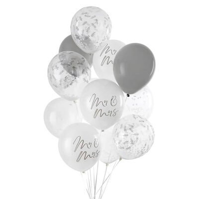 Silver Confetti Mr & Mrs Latex Balloons: Pack of 12 image number 1