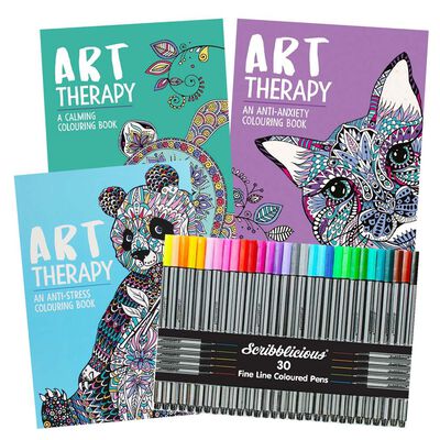 Art Therapy Colouring Books & Scribblicious Fine Line Coloured Pens Bundle image number 1