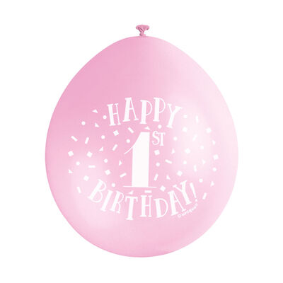 Pink White 1st Birthday Latex Balloons - 10 Pack image number 2