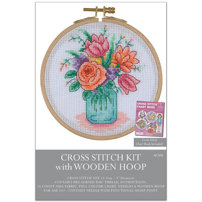 Cross Stitch Kit With Wooden Hoop: Jar of Flowers image number 1