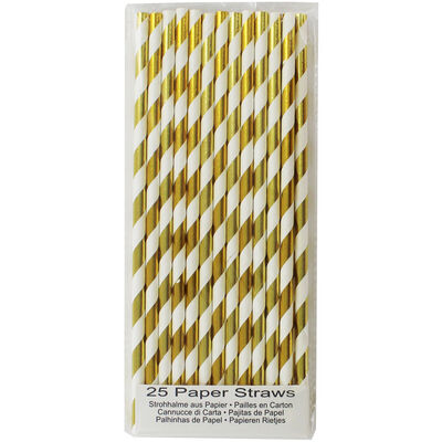 Gold Striped Paper Straws - 25 Pack image number 1