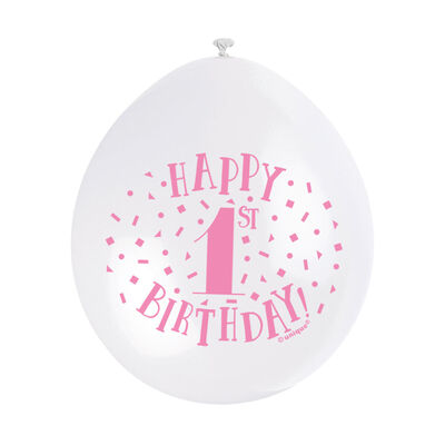 Pink White 1st Birthday Latex Balloons - 10 Pack image number 3