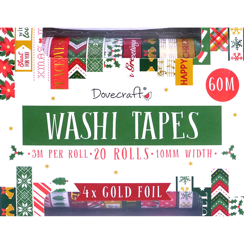 Dovecraft Washi Tape Box-20 disegni-Sentiments-10 mm larghezza 3 m rotoli diario cancelleria taglia unica decorazione casa Include scatola portaoggetti per artigianato carta multicolore 