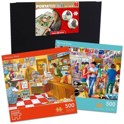 Grocery Shop 500 Piece & Record Shop 500 Piece Jigsaw Puzzle with Portapuzzle Standard Jigsaw Accessory Bundle image number 1