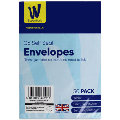 Works Essentials C6 White Self Seal Envelopes: Pack of 50 image number 1