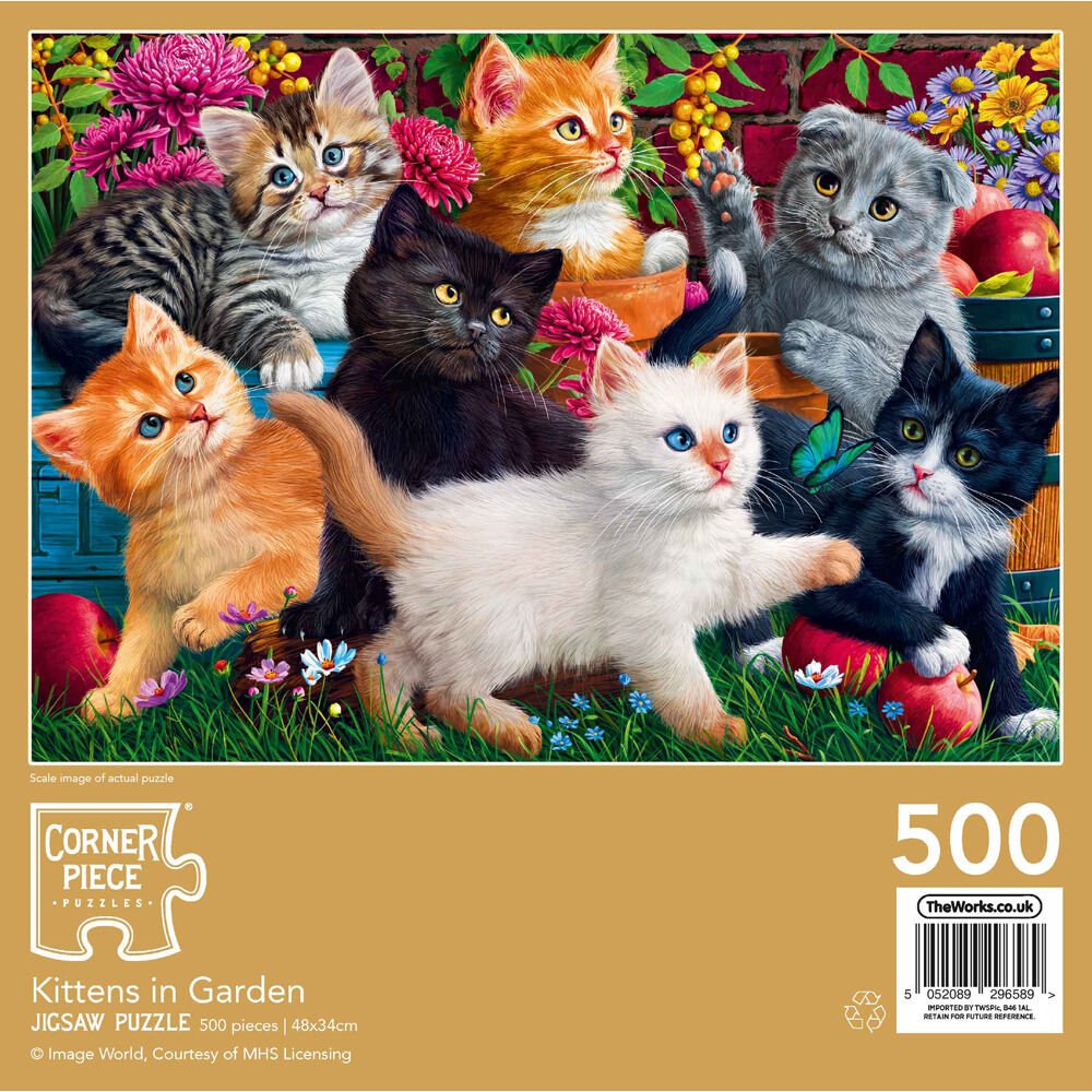 500 Piece New and Sealed. Corner Piece Jigsaw Puzzle Kittens in the Garden 