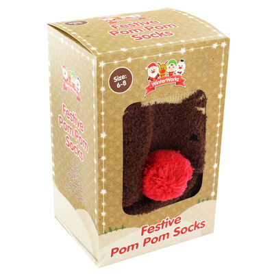 Festive Reindeer Pom Pom Slipper Socks - Size 6-8 image number 1