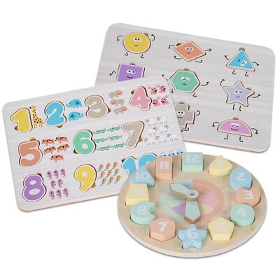 PlayWorks Wooden Number and Shape Puzzles with Clock Bundle image number 1