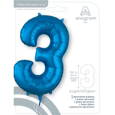 34 Inch Blue Number 3 Helium Balloon image number 2
