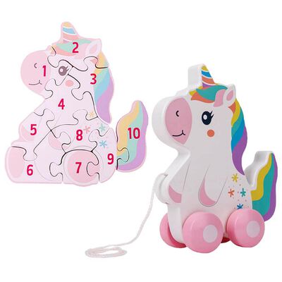PlayWorks Unicorn Pull Along and Unicorn Puzzle Bundle image number 1