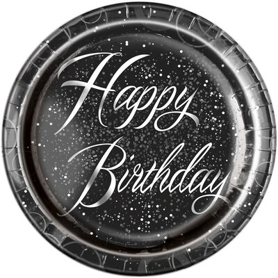 Black and Silver Happy Birthday Paper Plates - 8 Pack image number 1