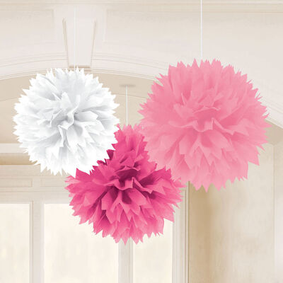 3 Pink Fluffy Hanging Paper Decorations image number 2