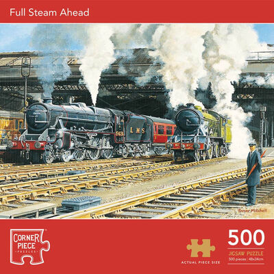 Full Steam Ahead 500 Piece & Market Day Skipton 1000 Piece Jigsaw Puzzle with Portapuzzle Board Bundle image number 2