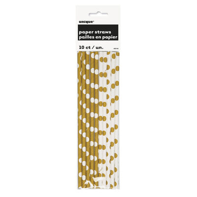 Gold White Dot Paper Straws - 10 Pack image number 1