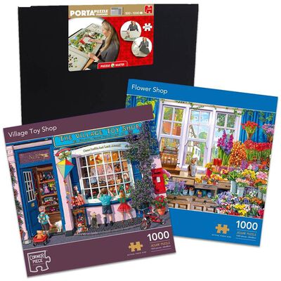Village Toy Shop 1000 Piece & Flower Shop 1000 Piece Jigsaw Puzzle with Portapuzzle Standard Jigsaw Accessory Bundle image number 1