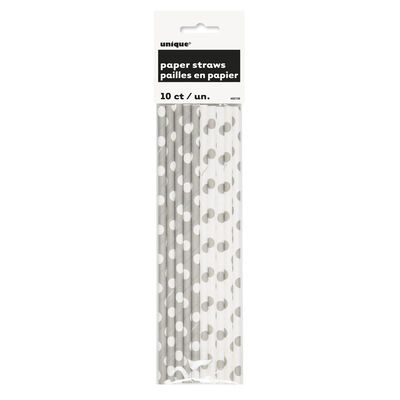 Silver White Dot Paper Straws - 10 Pack image number 1