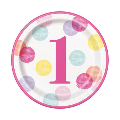 Pink 1st Birthday Paper Plates - 8 Pack image number 1