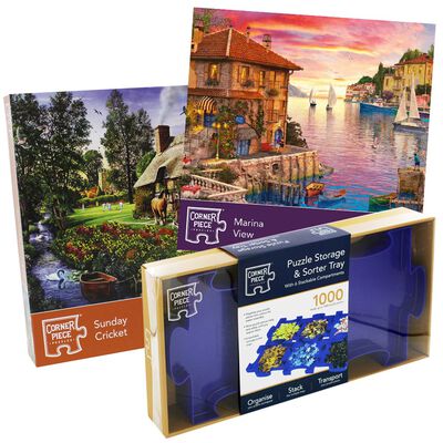 Sunday Cricket & Marina View 500 Piece Jigsaw Puzzle with Jigsaw Puzzle Storage & Sorter Tray Bundles image number 1