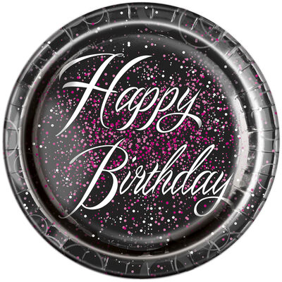 Black Pink Happy Birthday Paper Plates - 8 Pack image number 1