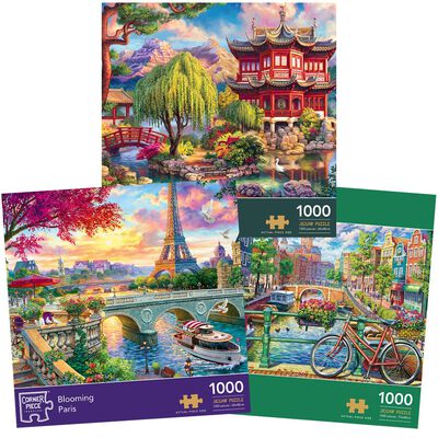 Secret Temple, Blooming Paris & Amsterdam Canal 1000 Piece Jigsaw Puzzle Bundle image number 1