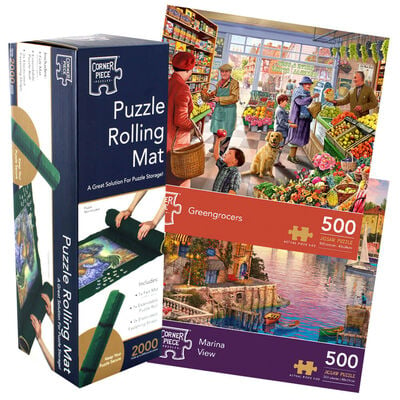 Marina View & Greengrocers 500 Piece Jigsaw Puzzle with Puzzle Rolling Mat Bundle image number 1