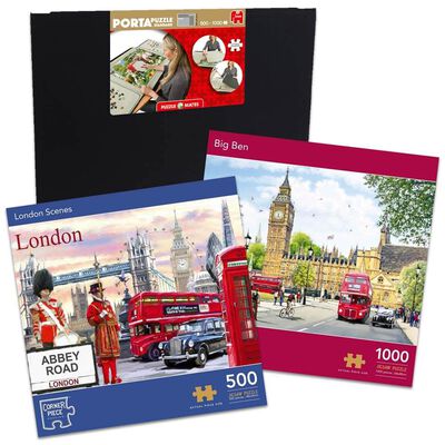 Big Ben 1000 Piece & London Scenes 500 Piece Jigsaw Puzzle with Portapuzzle Standard Jigsaw Accessory Bundle image number 1