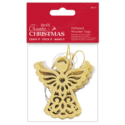 Glittered Gold Angel Wooden Tags: Pack of 4 image number 1