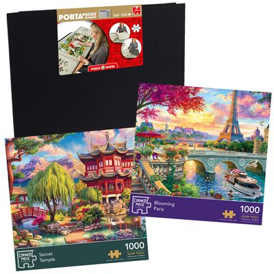 Blooming Paris & Secret Temple 1000 Piece Jigsaw Puzzle with Portapuzzle Standard Jigsaw Accessory Bundle image number 1