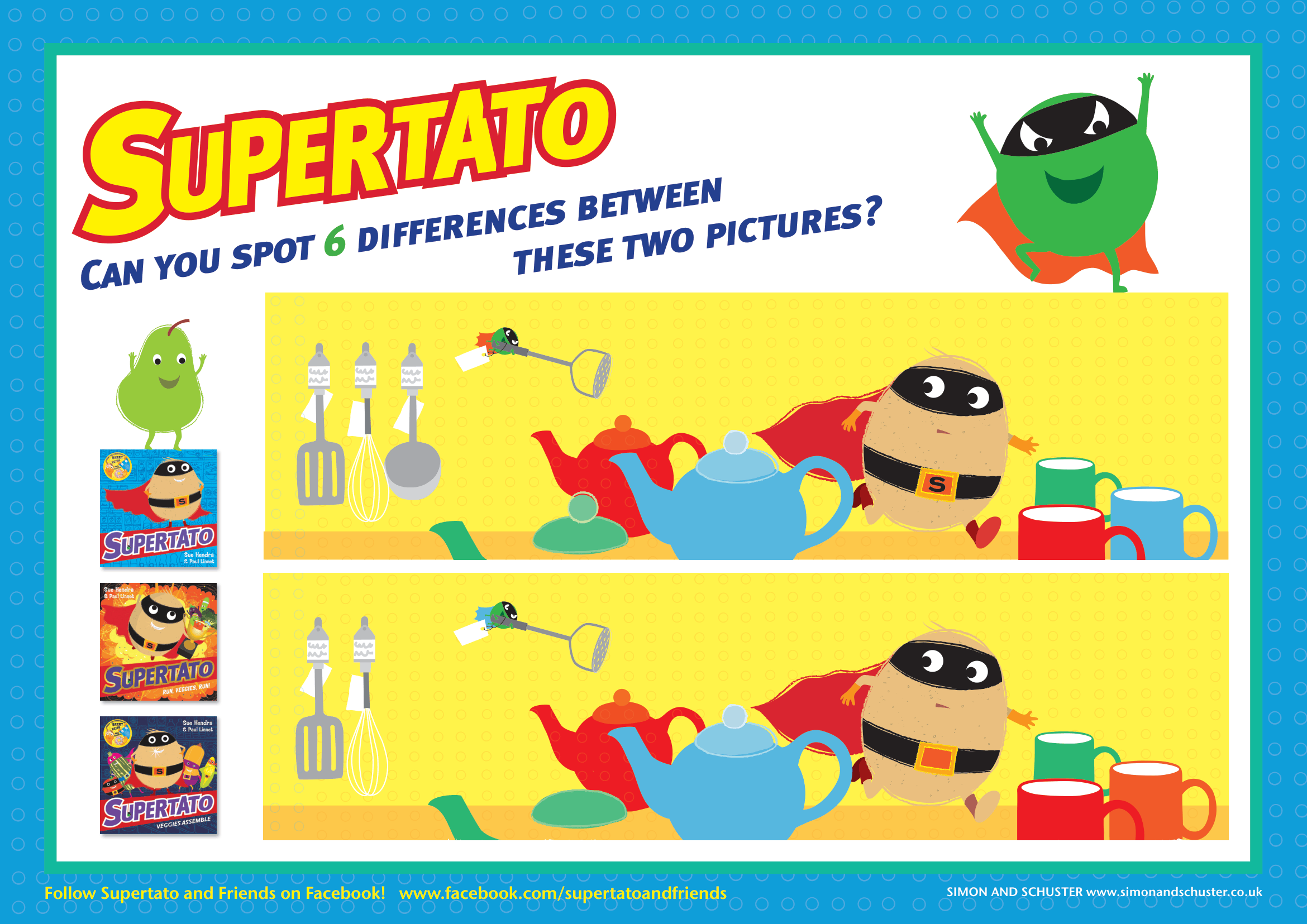 Supertato and Evil Pea Spot the Difference Free Supertato spot the difference activity sheet.