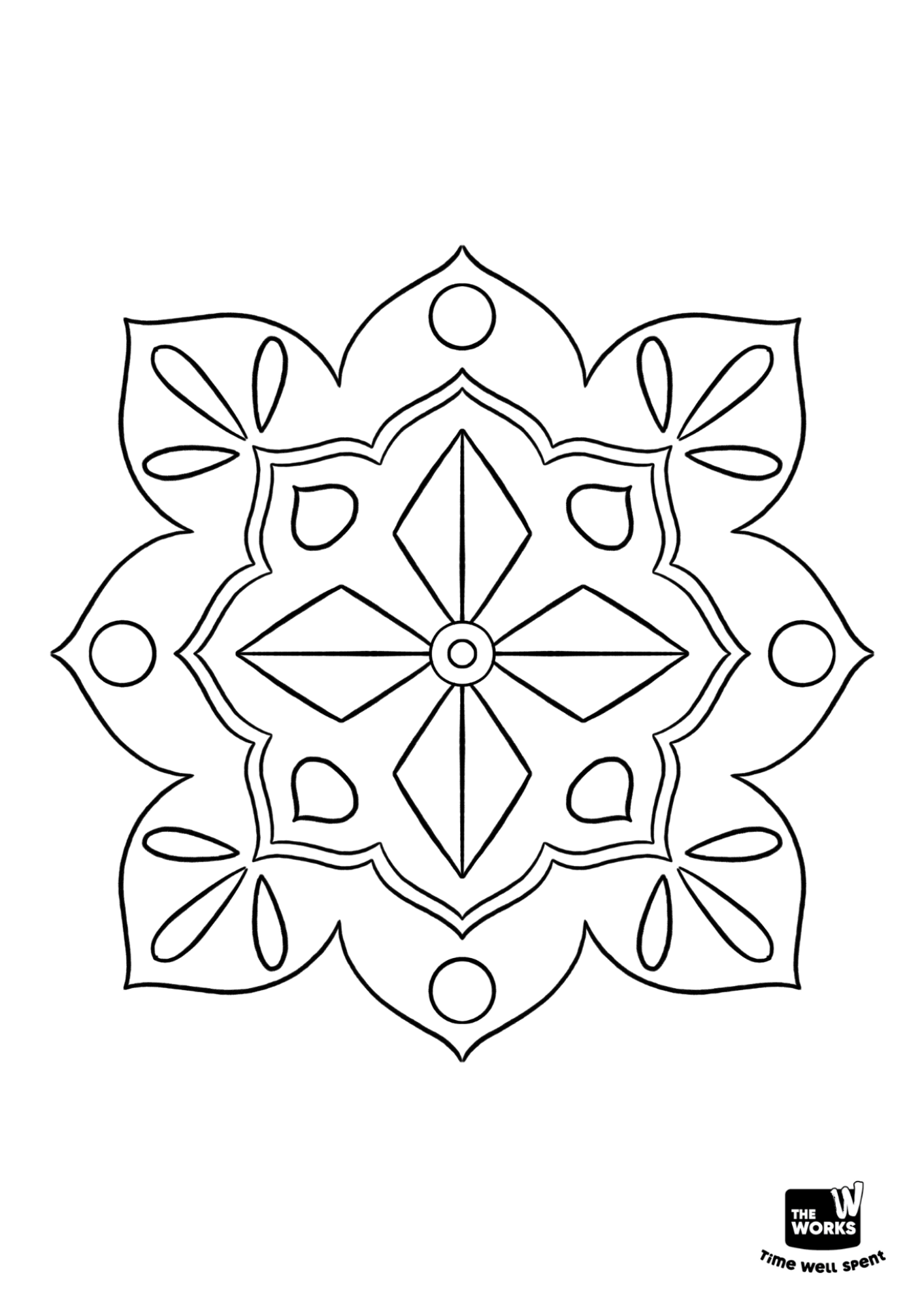 Outline of a Diwali-inspired lotus mandala to colour in.