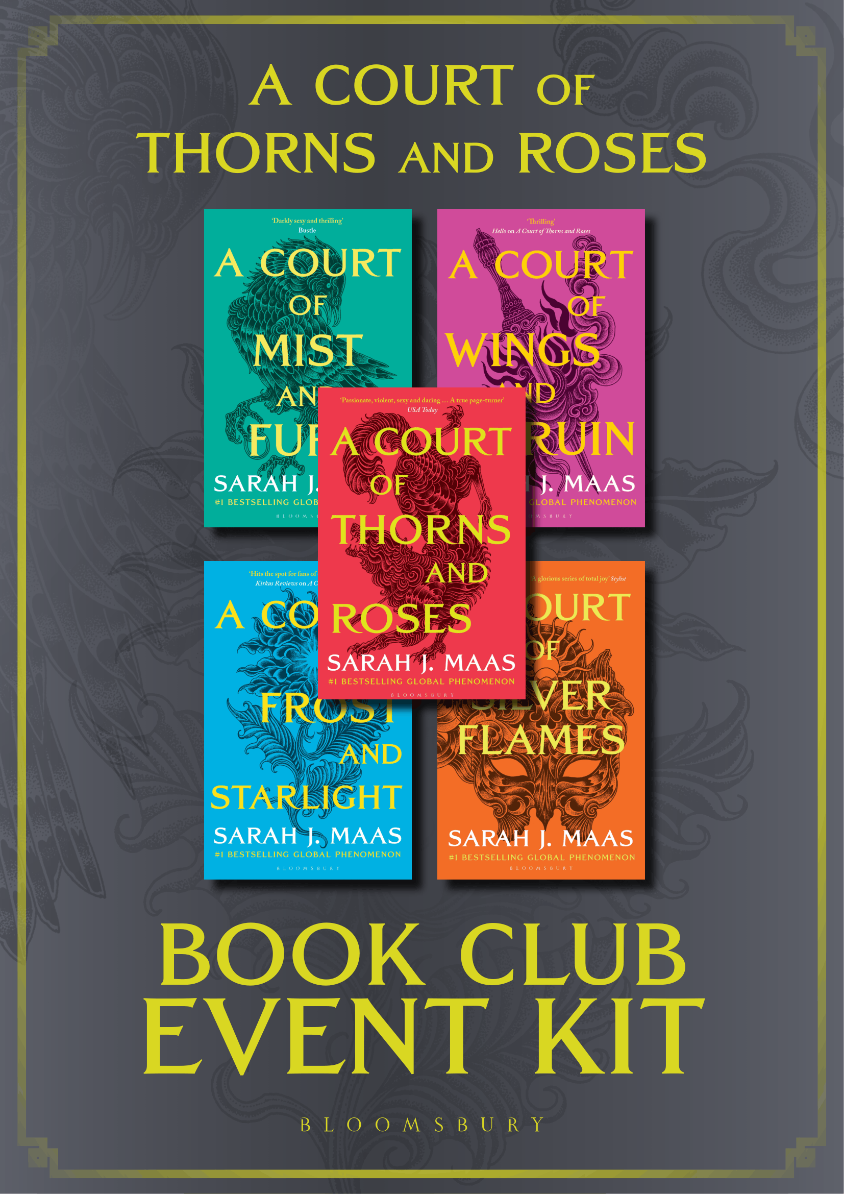 First page of the ACOTAR Book Club Event Pack featuring the book covers of the first five books in the series.