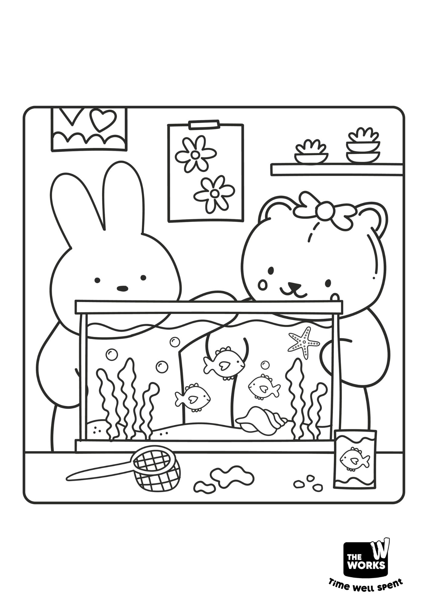 A rabbit and bear are looking at a fish tank.