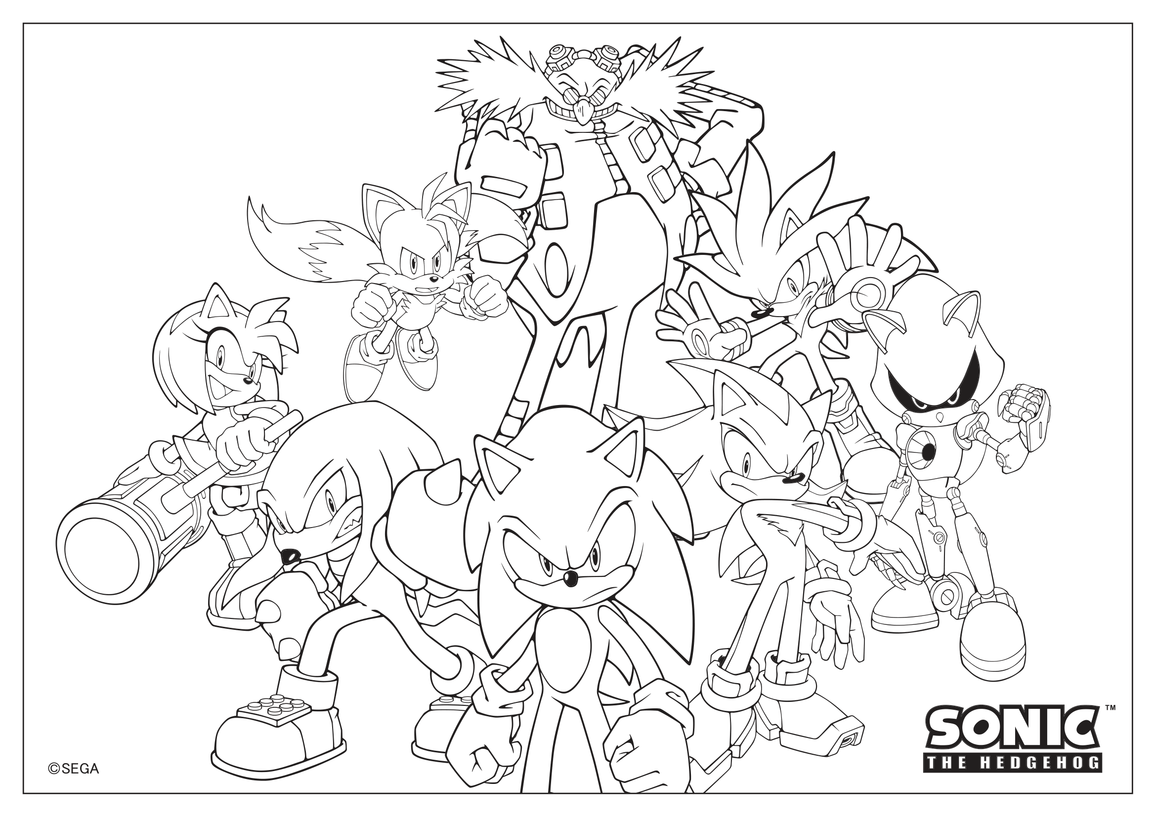 All Characters Colouring Sheet Black outline of a collection of Sonic characters posing together,