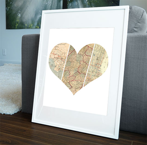 Heart and map print and frame - Valentines gift