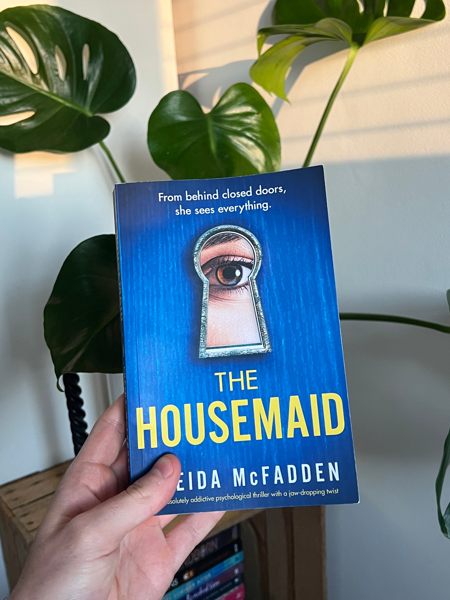 A photo of The Housemaid held up in front of a leafy green plant.