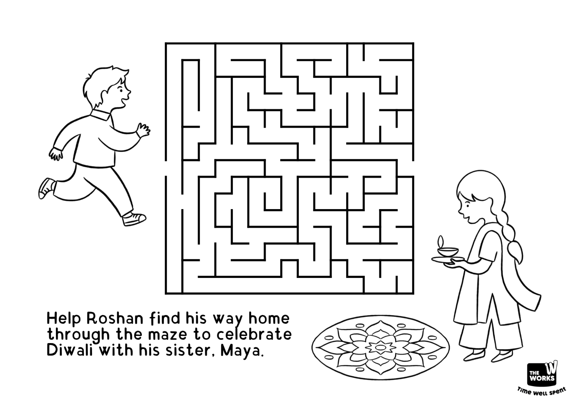 Maze activity sheet for kids featuring two children on either side of the maze.