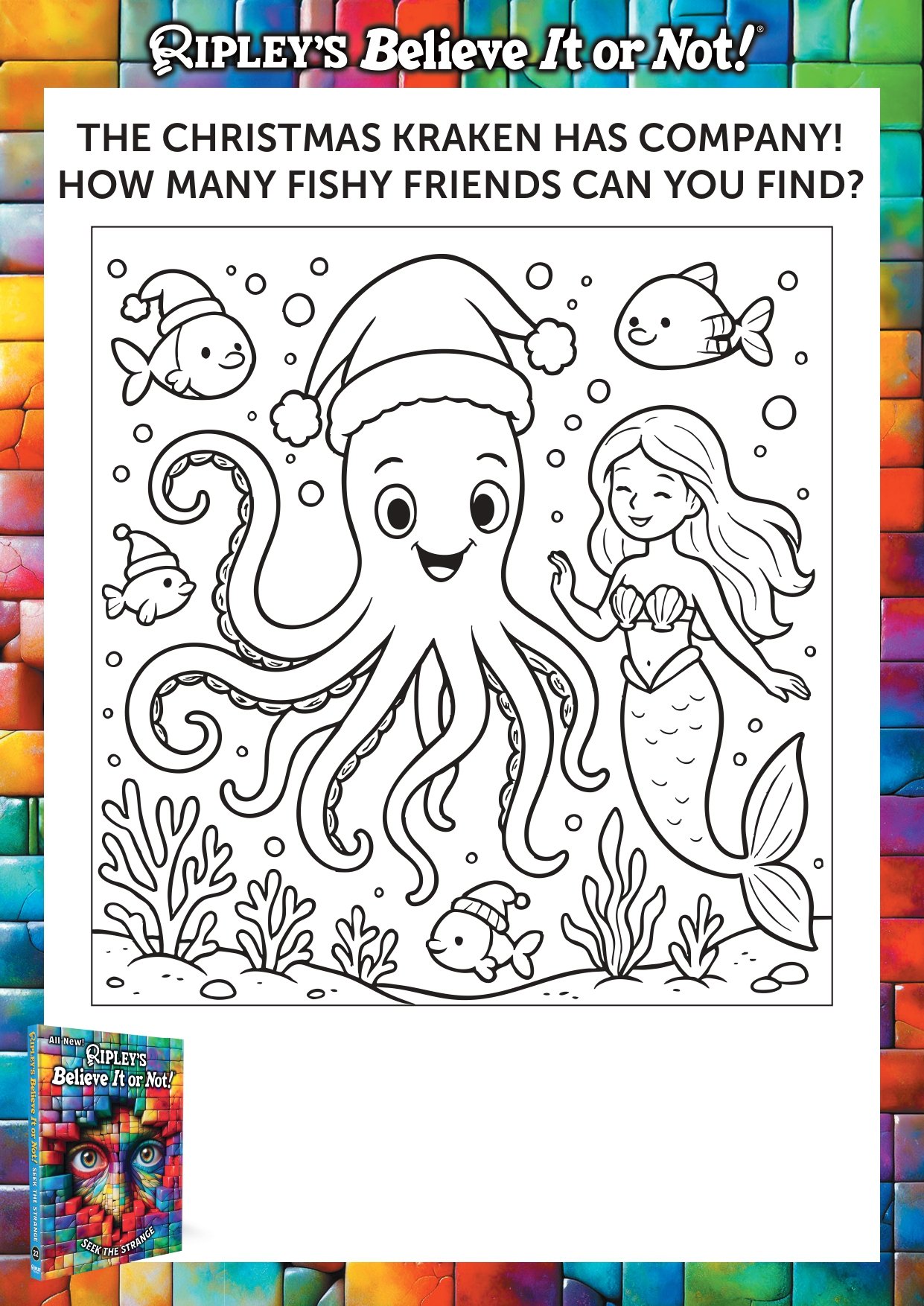 Two cryptids sit snuggled in their beds with Santa's sleigh flying past the window.