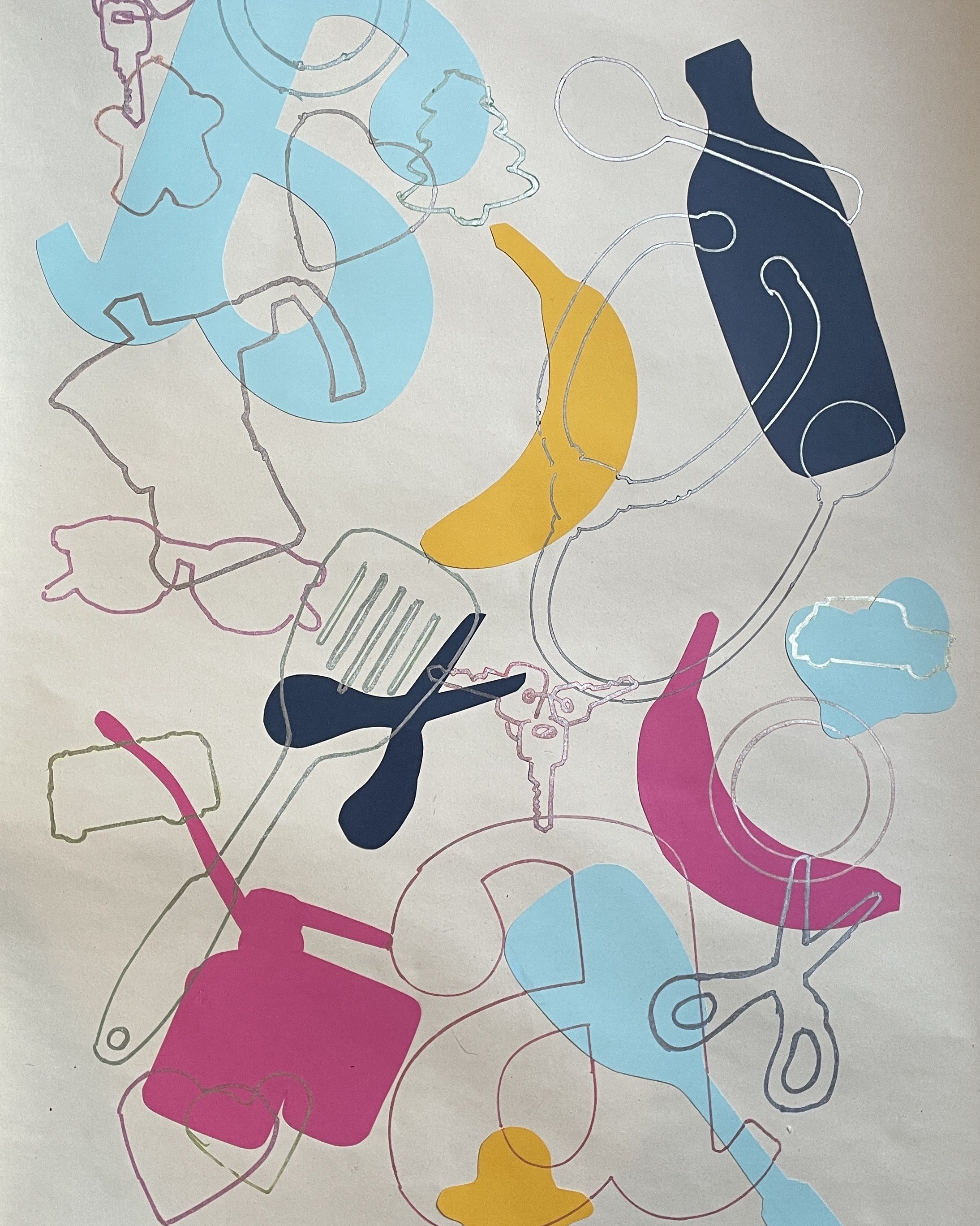 The finished object outline art work with coloured card cut outs and overlapping tracings.