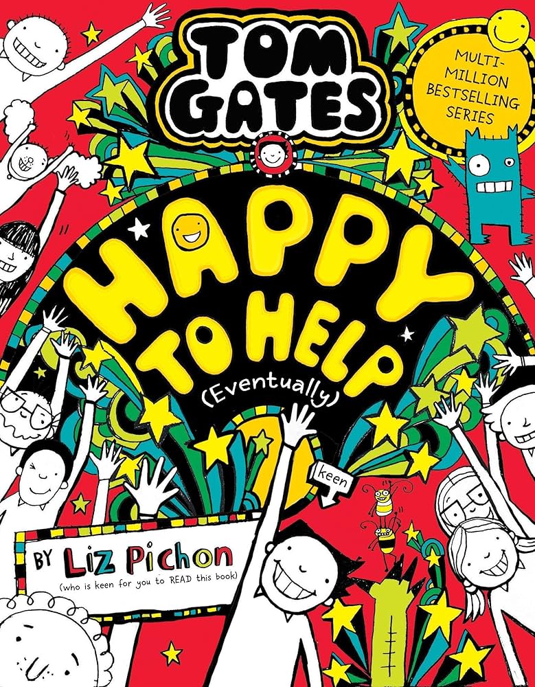 Book 20: Happy to Help (2022) Doodled book cover of book 20 in the Tom Gates series.