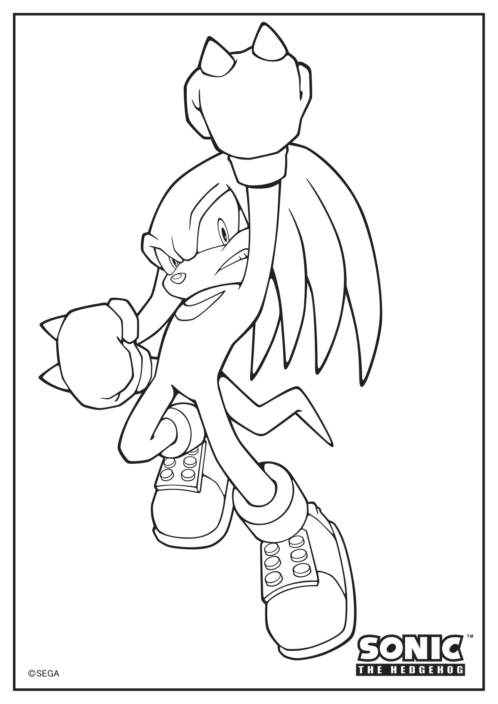 Knuckles Colouring Sheet Black outline of Knuckles jumping in the air with his fist up.