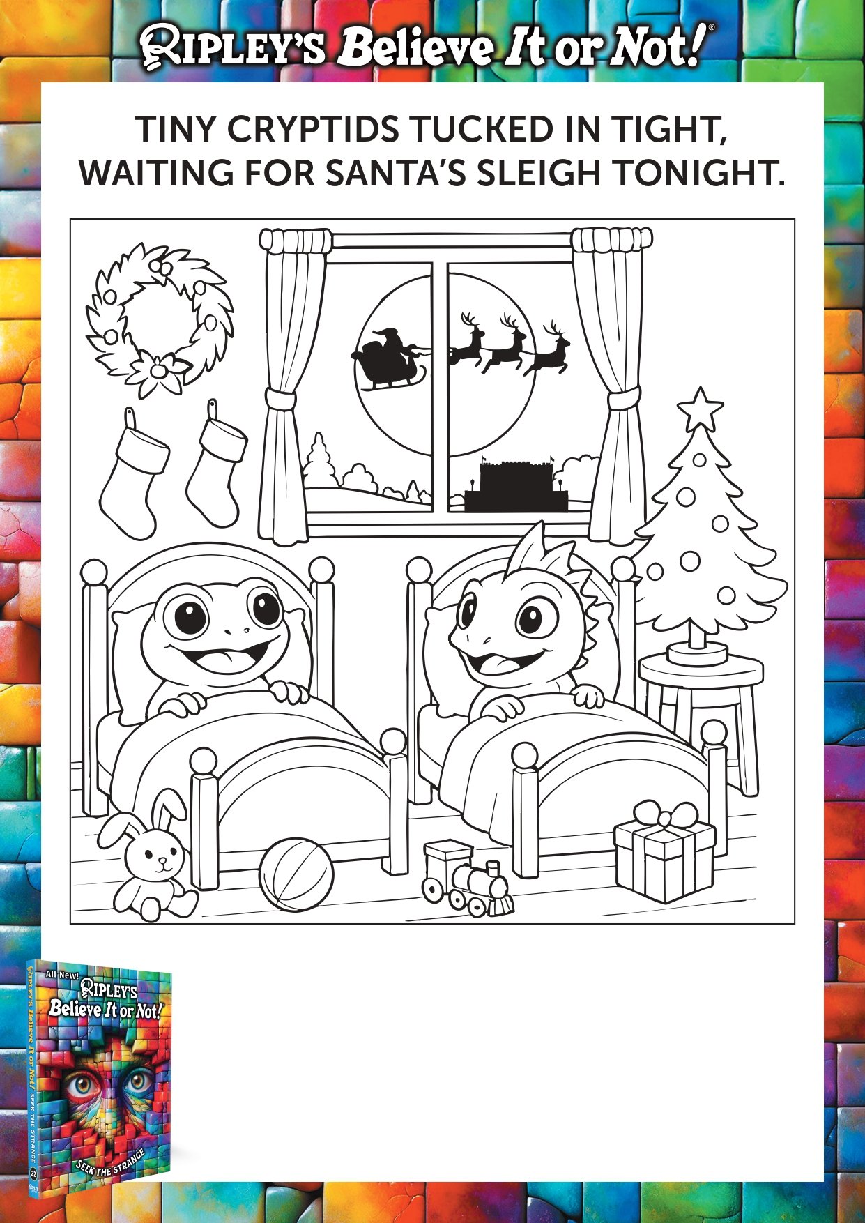 Two cryptids sit snuggled in their beds with Santa's sleigh flying past the window.