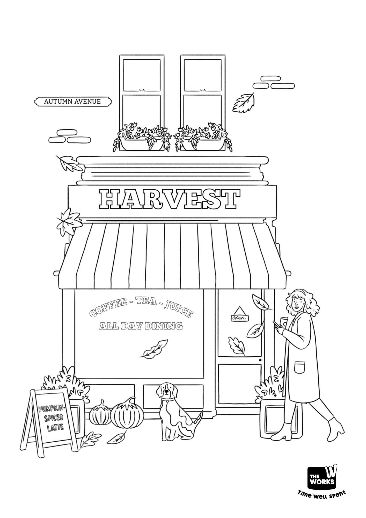 Adult colouring sheet featuring a storefront with the name 'Harvest'.