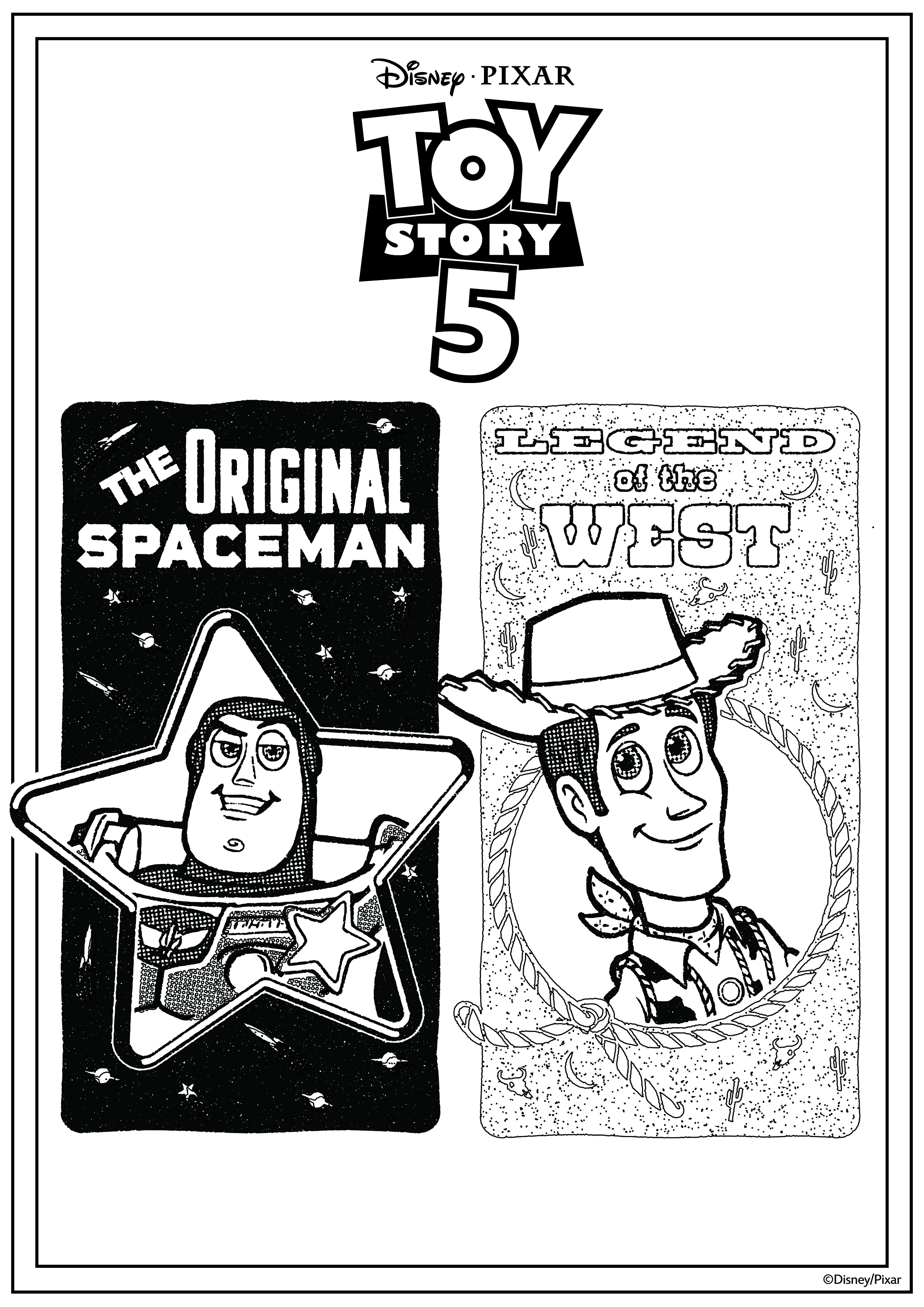 A free colouring sheet with Buzz and Woody side by side saying 'The Orignal Spaceman' and 'Legend of the West'.