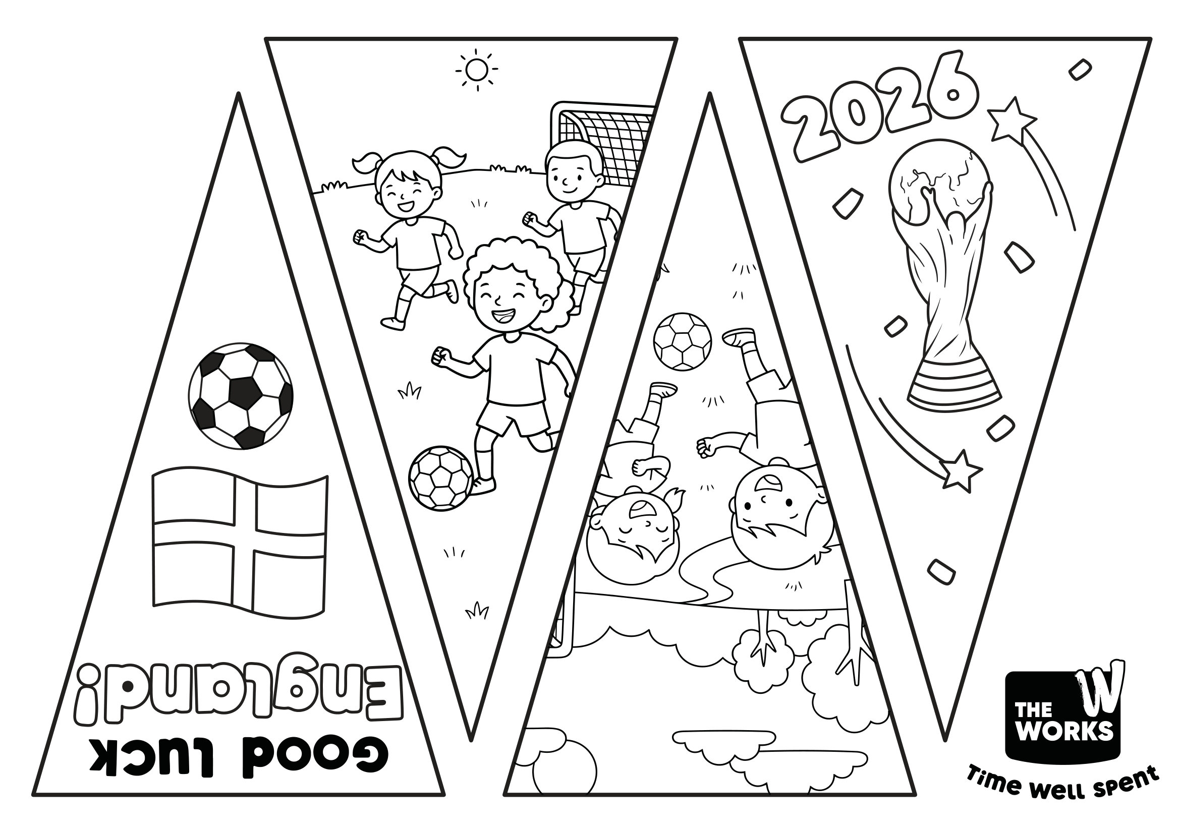 England Football Colouring Pennants Free printable England football colouring sheet featuring football players, England flag and trophy design.